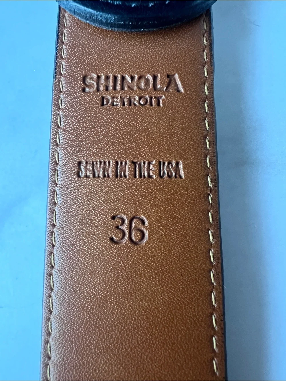 Shinola Black Leather Belt with Brown Interior and Silver Buckle 36